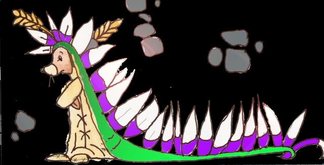 Immagine di Emanuele vestito da capo trib� indiano (Per leggerne la descrizione proseguire nel link) Il copricapo di petali gli cinge la testa e percorre tutta la schiena, fino a toccare terra. Il topo � a zampe conserte e lo si vede in figura intera, di profilo.
